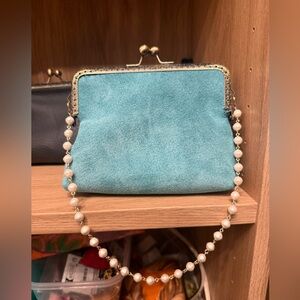 Handcrafted Teal Rough Out Kisslock With Pearl Chain